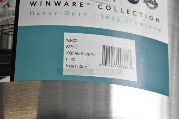 Winco ASP-10 10 qt aluminum saucepan, solid handle, heavy-duty, made in China, new scratch and dent condition.