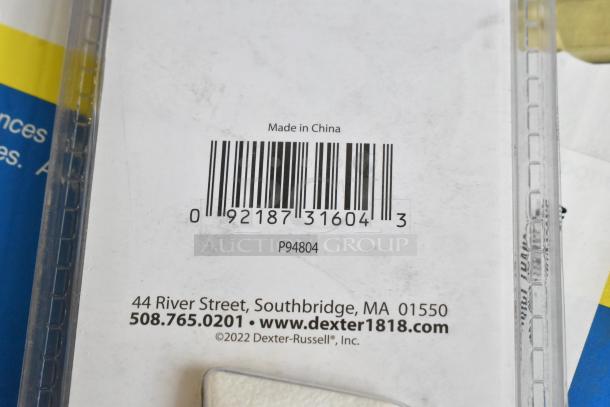 Barcoded packaging for a Dexter 10" Scalloped Slicer Knife. Marked "Made in China" with company details.