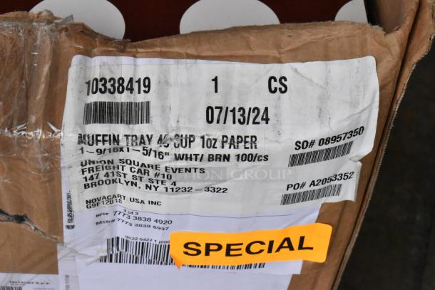 Box of muffin liners, item #10338419, 1 oz paper, slightly damaged packaging, labeled "Special."