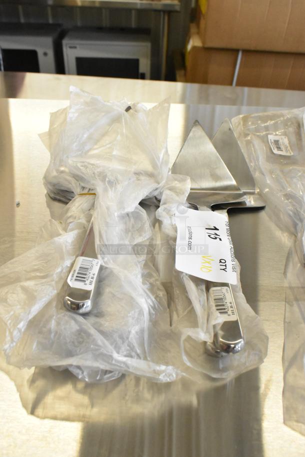 10 brand new stainless steel utensils including HLB-6 pie server and spatula. Labeled "qty 10." Scratch and dent condition.