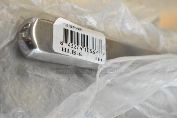 Brand new scratch-and-dent stainless steel HLB-6 pie server with barcode label visible. Includes 10 utensils.