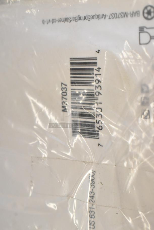 Box of 6 Barfly M37037 Spring Bar Strainers, brand new, marked as scratch and dent, packaging shows barcodes and model details.