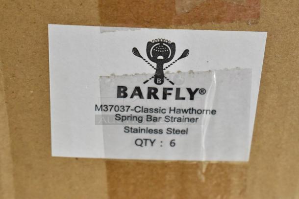 Box with label: Barfly M37037 Classic Hawthorne Spring Bar Strainer, Stainless Steel, Qty: 6. Brand new, scratch and dent.