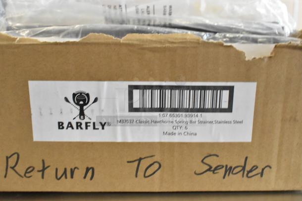 Box of 6 Barfly M37037 Spring Bar Strainers, brand new, stainless steel, scratch and dent condition, labeled "Return to Sender."