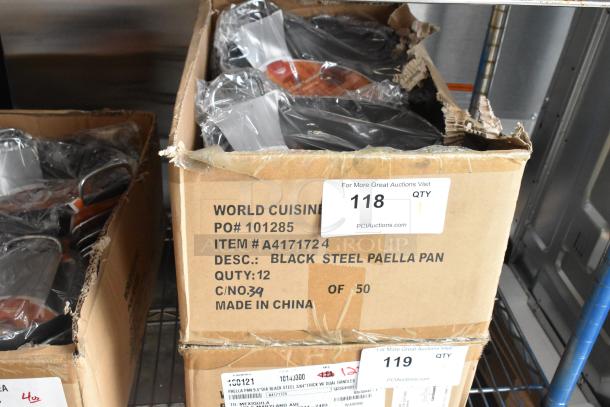 Box of 12 brand new Vollrath 9.5" 10149300 paella pans, scratch and dent condition. Box marked with item and origin details.