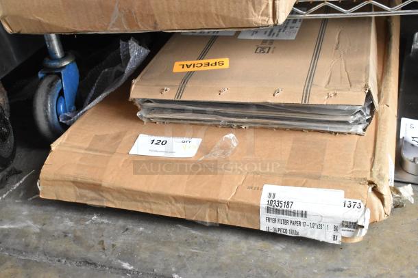 Two sealed boxes, labeled 10342286 with 13.5" Thunder Group fryer screens and 10335187 fryer filter paper. Scratch and dent condition.