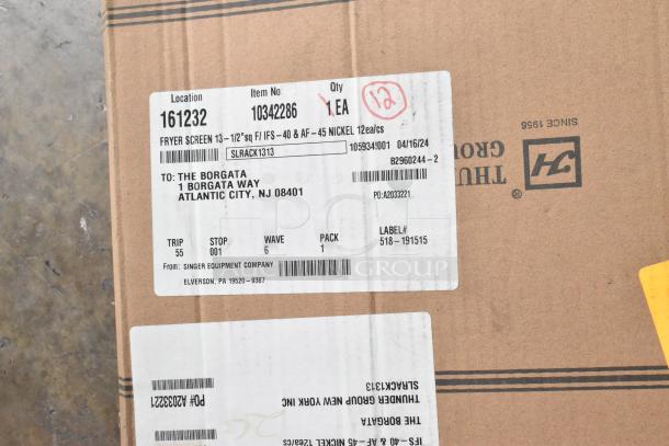 Two boxes labeled with Thunder Group 13.5" fryer screens; new, scratch and dent items; includes shipping labels.