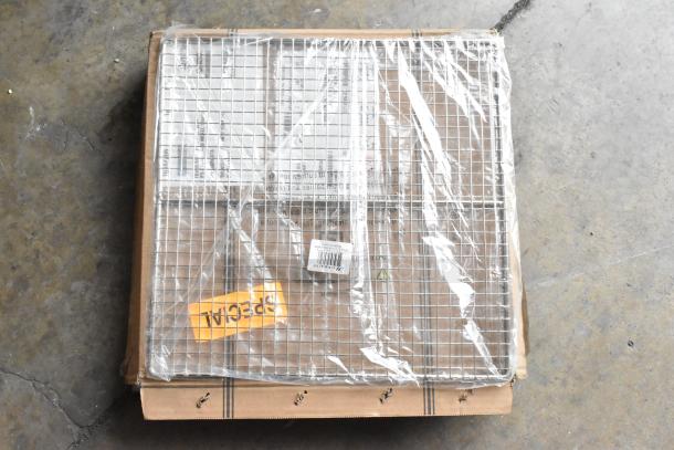 Two brand new boxes with Thunder Group 13.5" fryer screens and fryer filter paper, labeled as scratch and dent.