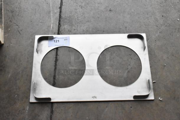 Brand new stainless steel adapter plate with two holes, slight scratches. Label shows auction info: Lot 121, QTY 1.