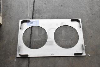 Brand new stainless steel adapter plate with two holes, slight scratches. Label shows auction info: Lot 121, QTY 1.