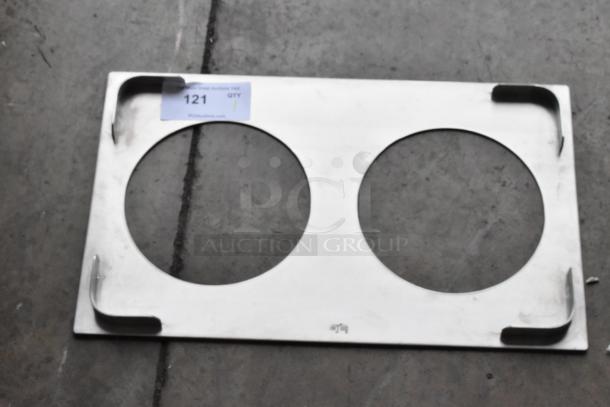 Stainless steel 2-hole adapter plate, brand new with slight scratches and dents, includes auction tag indicating item 121.