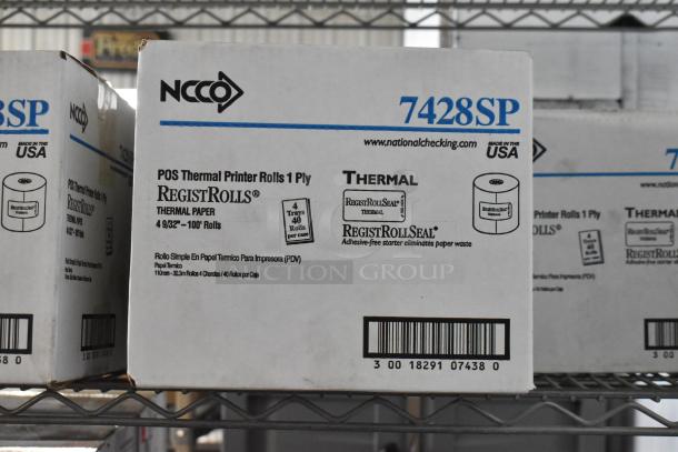 11 brand new boxes of 7428SP POS thermal printer rolls, 4 9/32" x 100', made in USA, minor scratches and dents.