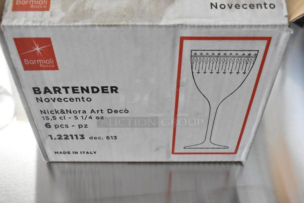 Box of 6 Bormioli Rocco Bartender Novecento Nick & Nora glasses, 15.5 cl, Art Decò design, Made in Italy, new.