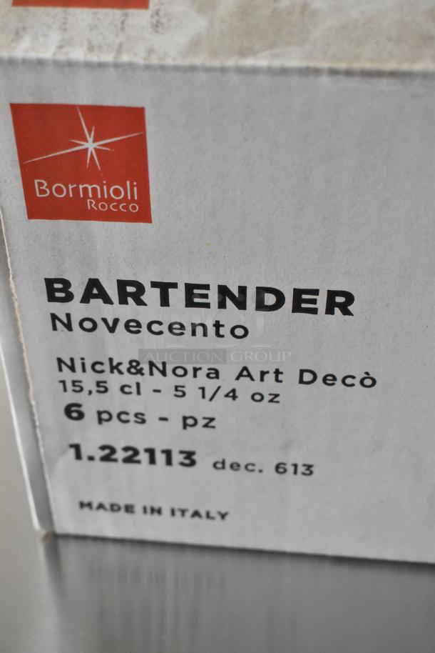 8 new boxes of Bormioli Rocco Bartender Nick & Nora glasses, each with 6 pieces, Art Deco style, 15.5 cl capacity, Made in Italy.