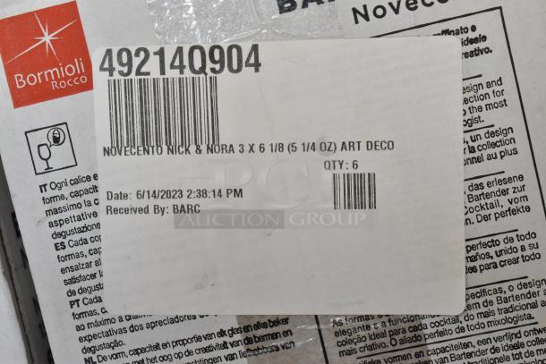 8 boxes of Bormioli Rocco Nick & Nora glasses; brand new, scratch and dent, each box contains 6 glasses, 5 1/4 oz size.