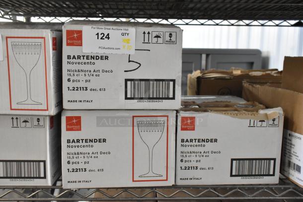 10 brand new boxes, each containing 6 Bormioli Rocco Bartender Nick & Nora glasses, scratch and dent condition. Made in Italy.