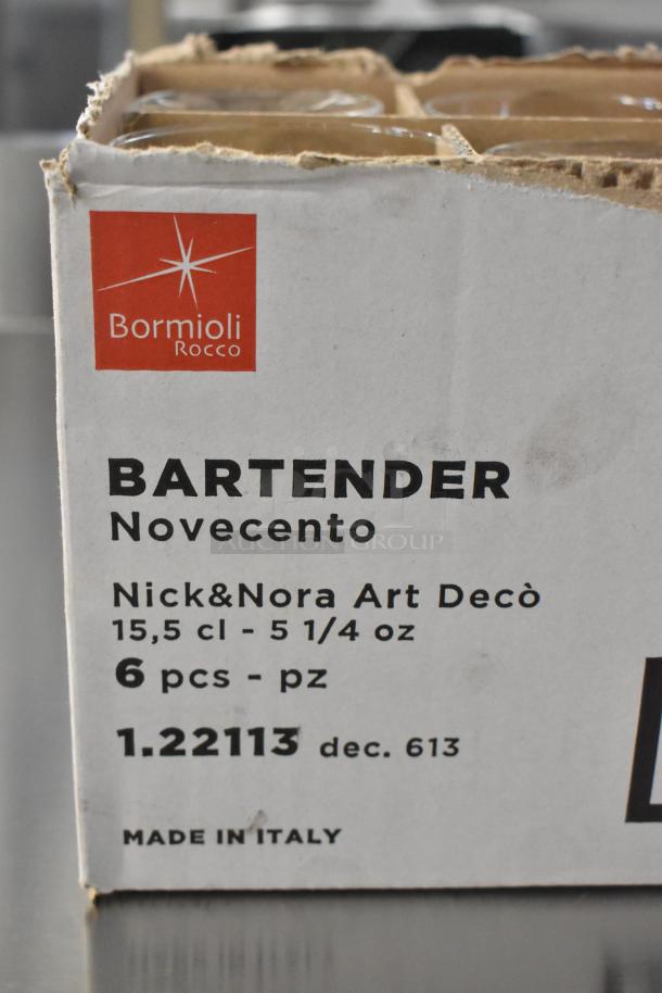 10 boxes, each with 6 Bormioli Rocco Bartender Nick & Nora glasses, 5 1/4 oz. Scratch and dent condition. Made in Italy.