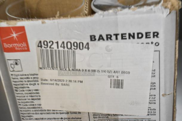 Box of 6 Bormioli Rocco Bartender Nick & Nora glasses, 3x6 1/8" (5 1/4 oz), Art Deco design, new condition, slight package wear.