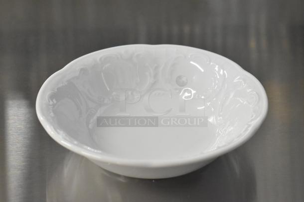 Brand new Bauscher Mozart bowl, white, ornate design, pristine condition, part of a scratch and dent lot.