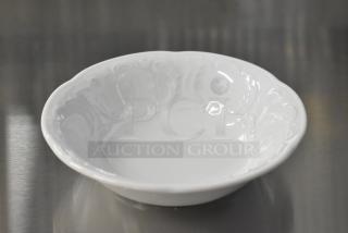 Brand new Bauscher Mozart bowl, white, ornate design, pristine condition, part of a scratch and dent lot.