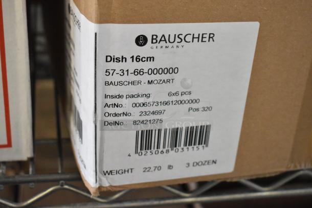 Box labeled Bauscher Mozart dishes, 16cm, 3 dozen, art number 000657316612000000, brand new scratch and dent condition.