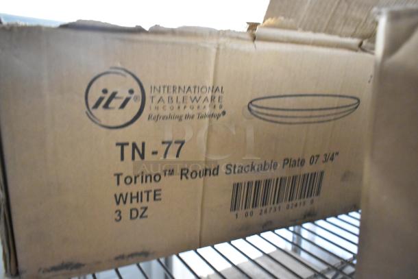Box labeled "ITI TN-77 Torino Round Stackable Plate, White, 3 dozen". Includes Bauscher Mozart bowls. Brand new condition.
