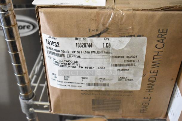 5 boxes of brand new Fiesta Twilight ceramic bowls, each box containing 4 bowls, 36oz capacity. Item label visible.