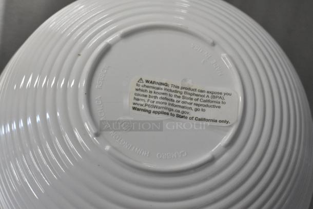 White poly bowl bottom with ridged texture, "Made in USA" marking, and BPA warning label for California compliance.