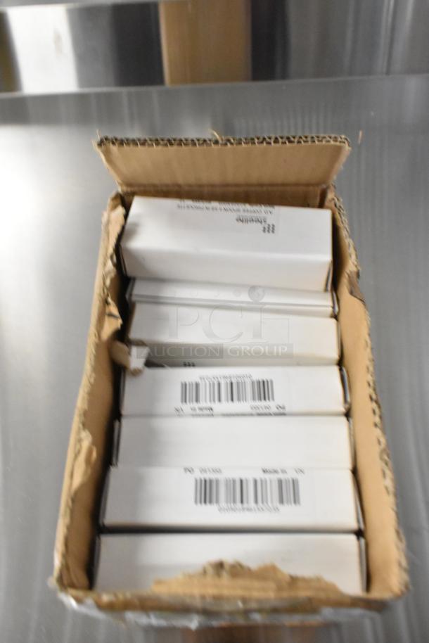 Box of Steelite 5732SX005 coffee spoons in original packaging, showing barcode labels. New scratch and dent condition.