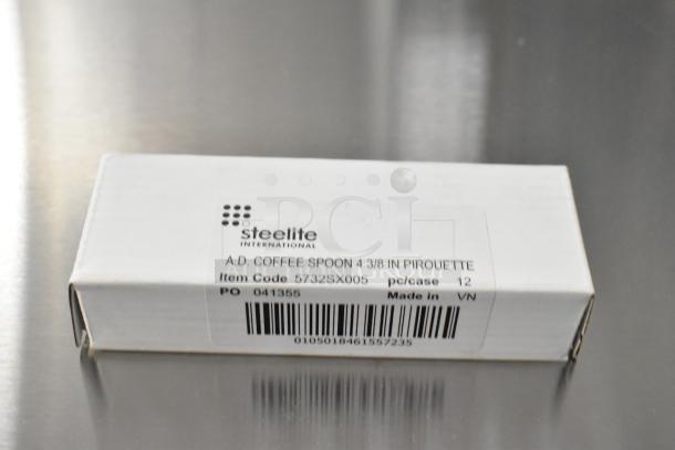 Box of Steelite 5732SX005 coffee spoons, unopened. Label shows item code, quantity, and made in Vietnam.