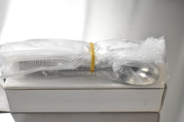 New Steelite 5732SX005 coffee spoons, sealed in plastic wrap. Packaged in a white box, perfect condition.