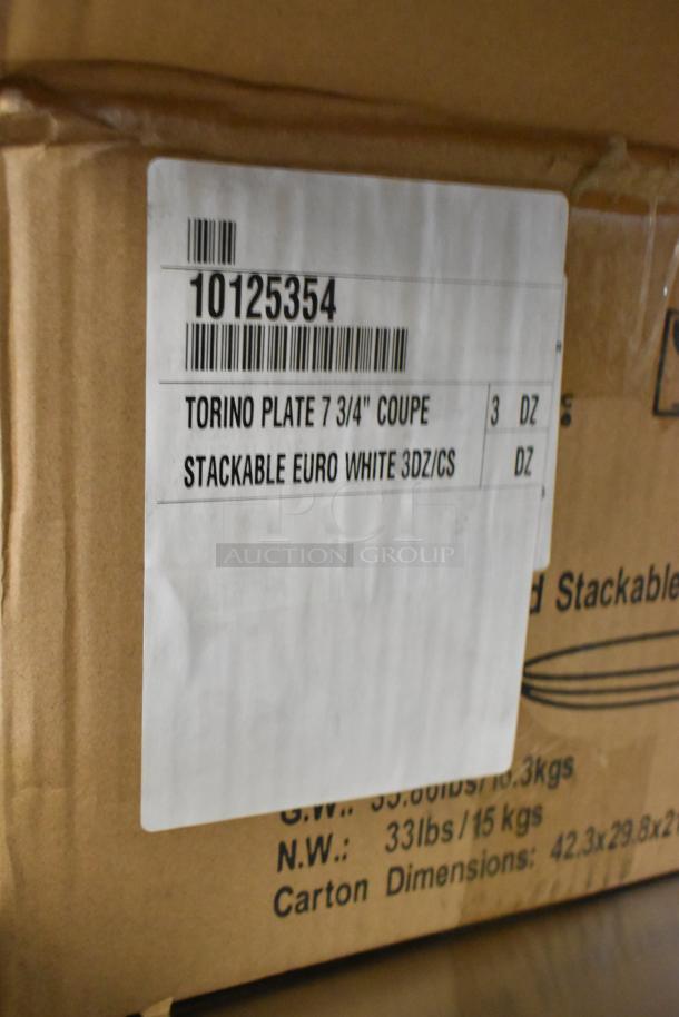 Box label showing ITI Torino Plate 7 3/4" Coupe, Stackable Euro White, 3 dozen per case.