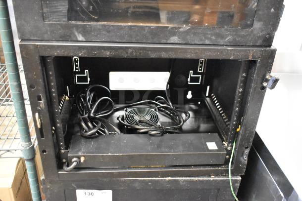 Two black Great Lakes metal cabinets; one missing a pane. Includes internal wiring. Good condition, minor wear visible.