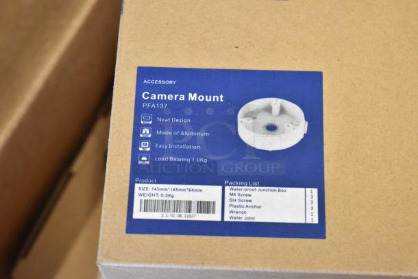 Box labeled "Camera Mount PFA137," features include aluminum construction, easy installation, load bearing 1.0kg. Box size: 145mm x 145mm x 64mm, weight 0.3kg. Packing list includes screws and junction box.