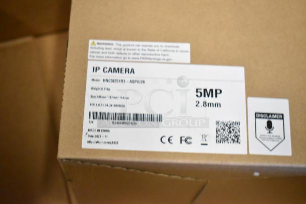 Box with label showing IP Camera, model HNC5I251R1-ASPV/28, 5MP, 2.8mm. Marked "Made in China," CE, and FCC logos.
