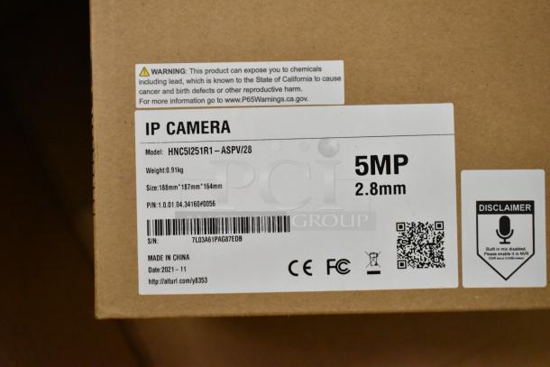 Box label for HNC5I251R1-ASPV/28 IP Camera, 5MP, 2.8mm lens. Dimensions: 188x187x164mm, weight: 0.91kg. Made in China.