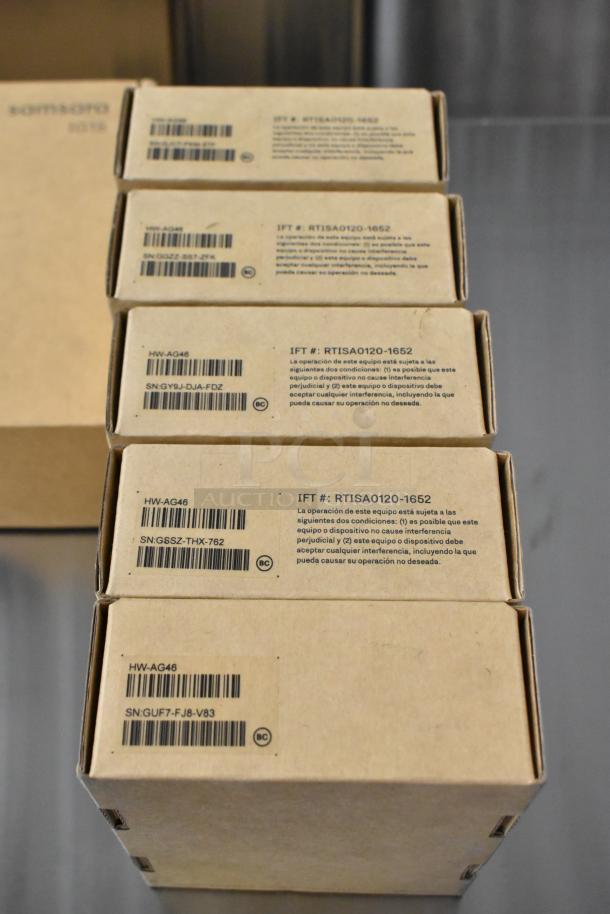9 brand new Samsara items, including a Multiband Antenna and 5 HW-AG46 Asset Gateways, boxes with serial numbers visible.
