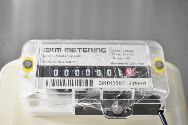 Brand new EKM EKM-PGM.75 gas meter, pulse output, 0.75 in., scratch and dent, 7.25 psi, 211 ft³/h max, unused.