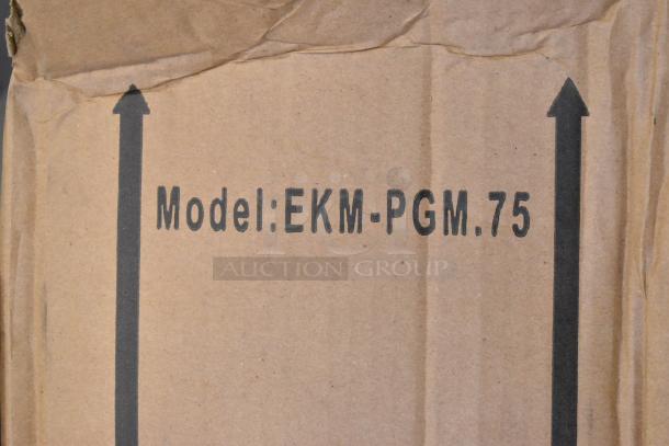 "Model: EKM-PGM.75" on cardboard box, indicating EKM 0.75 in. Pulse Output Gas Meter. New with scratches and dents.