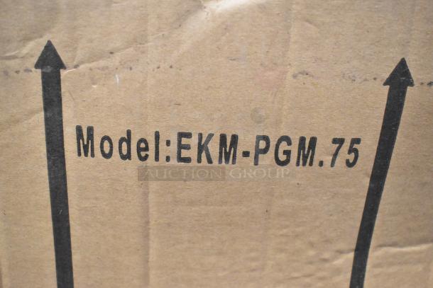 Alt text: "EKM 0.75 in. Pulse Output Gas Meter, model EKM-PGM.75, new condition, scratch and dent, with packaging markings."
