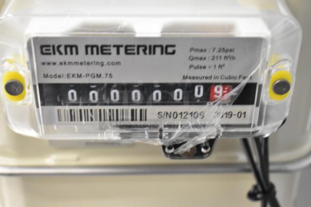 3 brand new EKM EKM-PGM.75 pulse output gas meters, 0.75 in., slightly scratched, model and serial numbers visible.