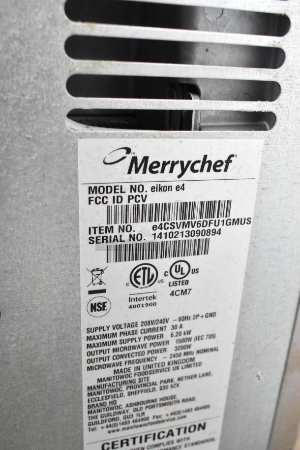 Merrychef eikon e4 stainless steel rapid cook oven, electric, 208/240V, 1 phase, model, and certification labels visible.