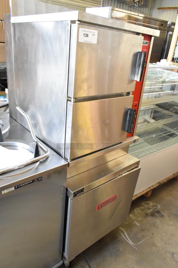 Vulcan stainless steel commercial 2-deck steam cabinet, floor style, excellent condition, visible Vulcan logo.