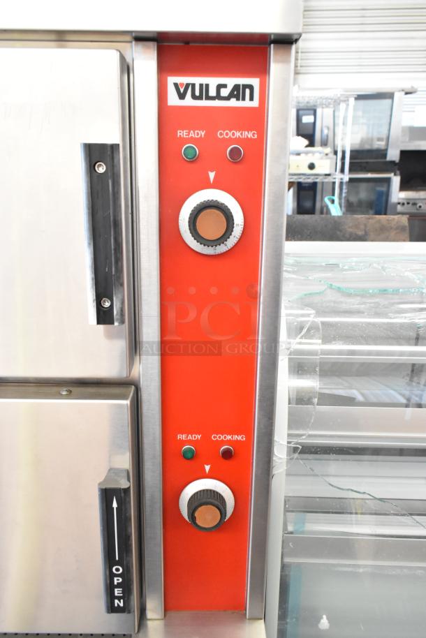 Vulcan stainless steel 2-deck steam cabinet with control knobs, ready and cooking indicators, in good condition.