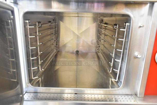Vulcan Stainless Steel 2 Deck Steam Cabinet, commercial floor model, pristine interior, durable metal racks.