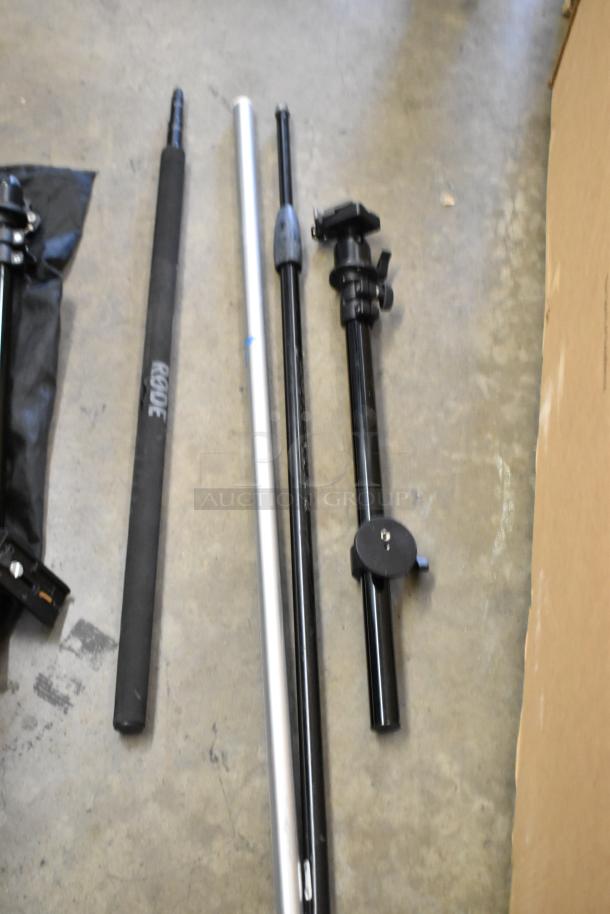 Soft case with collapsible tripod stands. Includes RODE boom pole, black and silver tubes, and a tripod head. Good condition.
