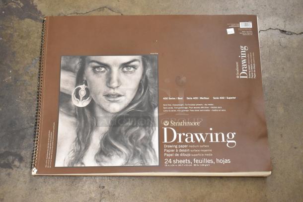 Strathmore drawing pad, 400 Series, 24 sheets, medium surface, 18"x24", lightly used, includes acrylic paints and brushes.
