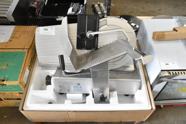 Bizerba GSP HD Metal Commercial Meat Slicer, countertop model, 120 Volts, 1 Phase, new condition in packaging. Tags visible.