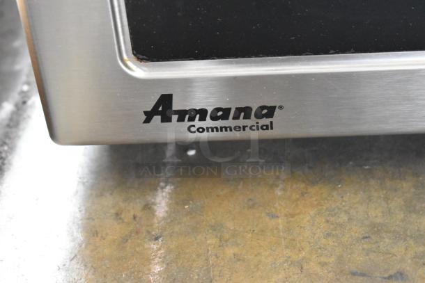 Amana RCS10TS stainless steel commercial microwave, original box, 2016 model. "Amana Commercial" logo visible.