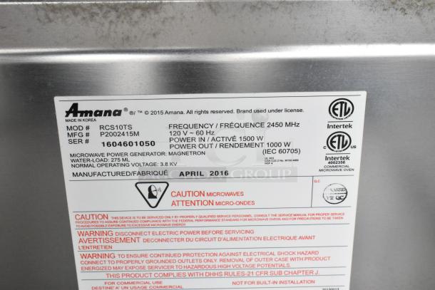 2016 Amana RCS10TS stainless steel commercial microwave, model RCS10TS, in original box, 120V, 1 phase, new condition.